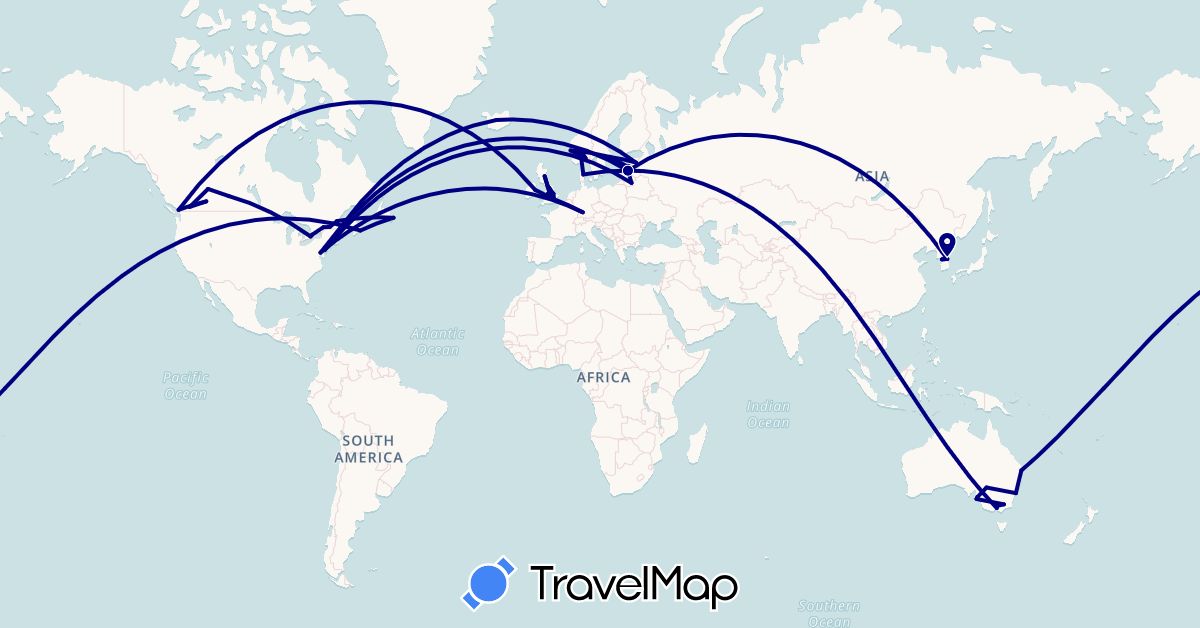 TravelMap itinerary: driving in Australia, Canada, Germany, Denmark, Estonia, United Kingdom, Ireland, Iceland, South Korea, Lithuania, Latvia, Norway, Sweden, United States (Asia, Europe, North America, Oceania)